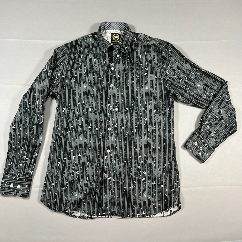 Ameri Mode Button Up Shirt Mens S Black Gray Floral Cotton Stretch Long Sleeve